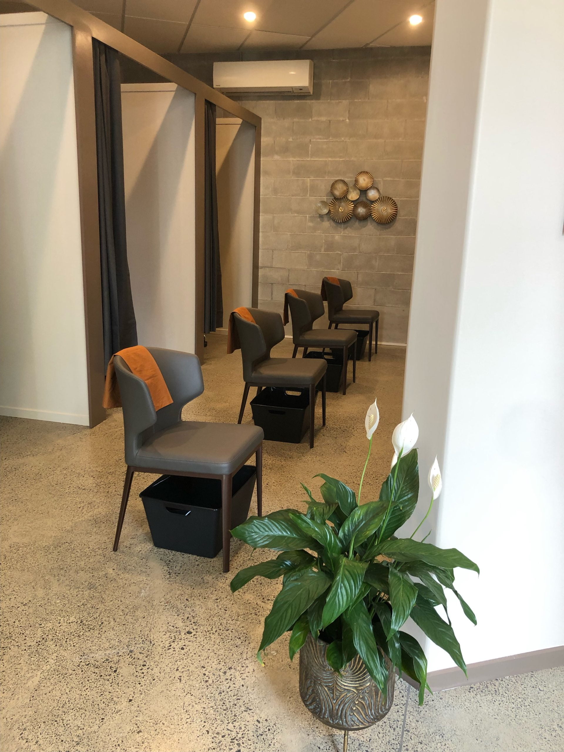 A modern spa reception area with a waiting area featuring comfortable chairs and a a potted plant